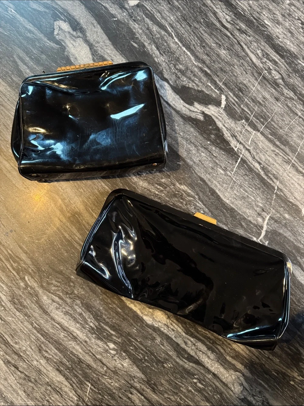 Vintage Glossy Black Patent Leather Clutch Purse with Gold-Tone Accent 2pack
